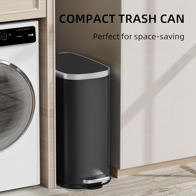 KUK Slim Bathroom Trash Can with Lid Soft Close, Step Pedal, 2.6 Gal/ 10L Stainless Steel Garbage Can with Removable Inner Bucket, Anti-Fingerprint Wastebasket for Office, Bedroom, Toilet (Black) - Image 3